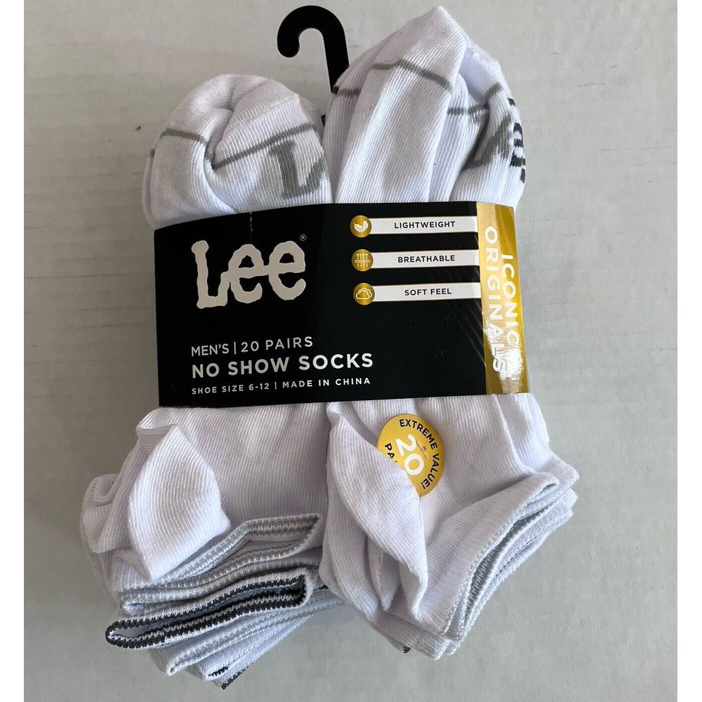 Lee No Show Socks Men's 20 Pairs 6-12 White New In Package